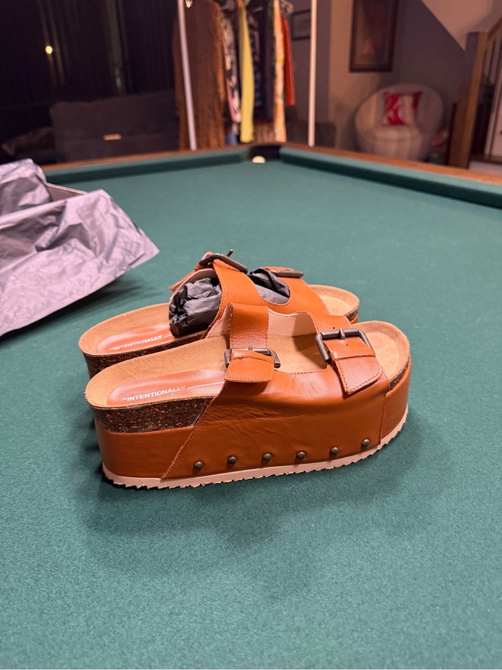Intentionally Blank Tan Leather Platform Slide Sandals with Buckles